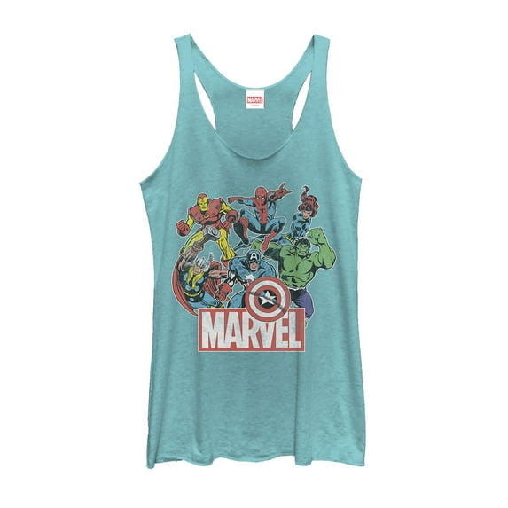 Women's Marvel Classic Hero Collage Racerback Tank Top Tahiti Blue Large