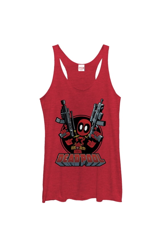 Women's Marvel Deadpool Cartoon Guns Racerback Tank Top Red Heather Large