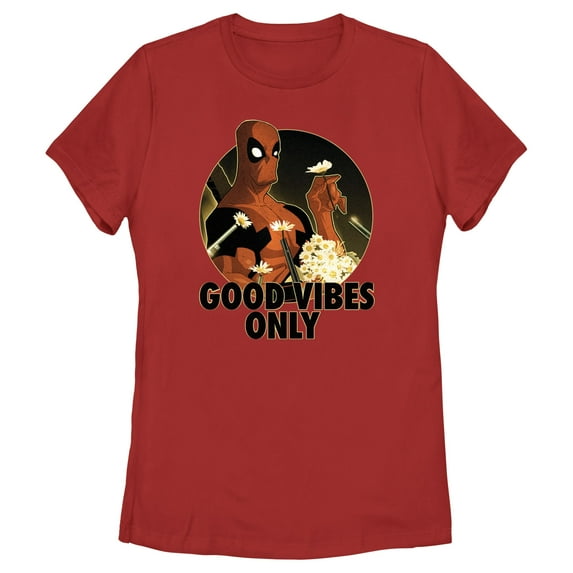 Women's Marvel Deadpool Good Vibes Only Graphic Tee Red X Large