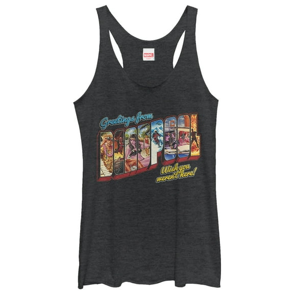 Women's Marvel Deadpool Greetings From Vacation  Racerback Tank Top Black Heather 2X Large