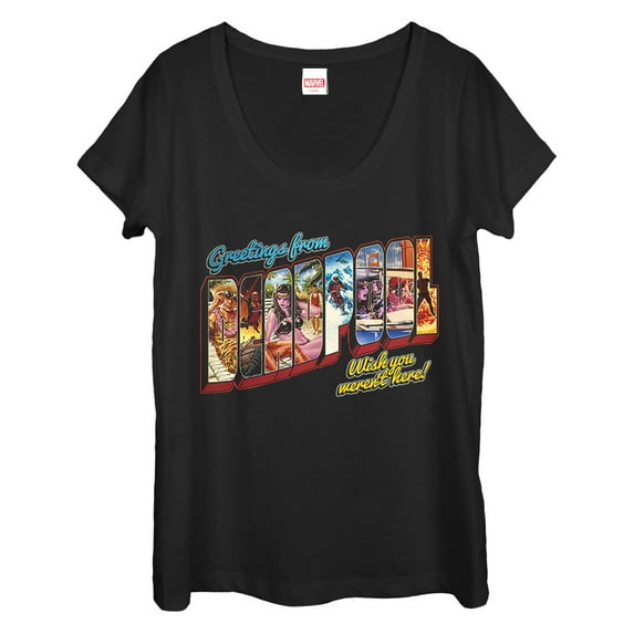 Women's Marvel Deadpool Greetings From Vacation Scoop Neck Black 2X Large