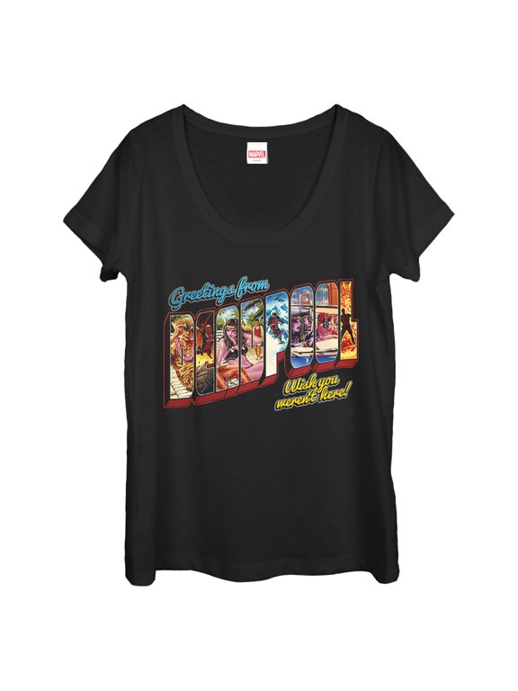 Women's Marvel Deadpool Greetings From Vacation Scoop Neck Black Large