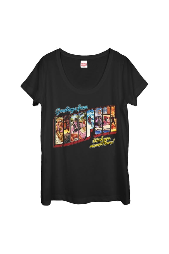 Women's Marvel Deadpool Greetings From Vacation Scoop Neck Black Large