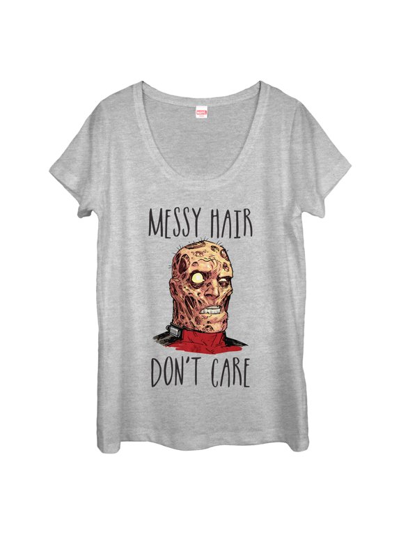 Women's Marvel Deadpool Messy Hair Don't Care Scoop Neck Athletic Heather X Large