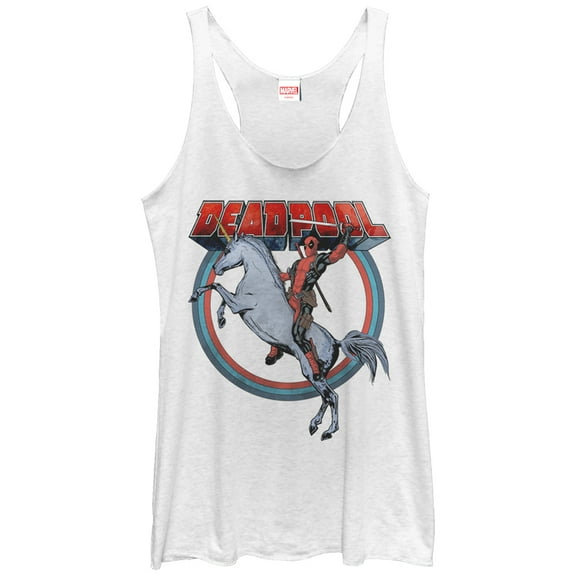 Women's Marvel Deadpool Rides Unicorn Racerback Tank Top White Heather Medium