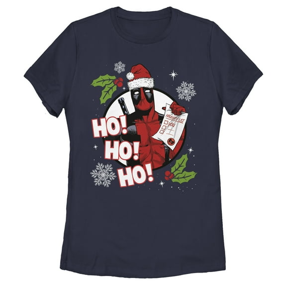 Women's Marvel Deadpool Santa Naughty List Holiday Graphic Tee Navy Blue Medium