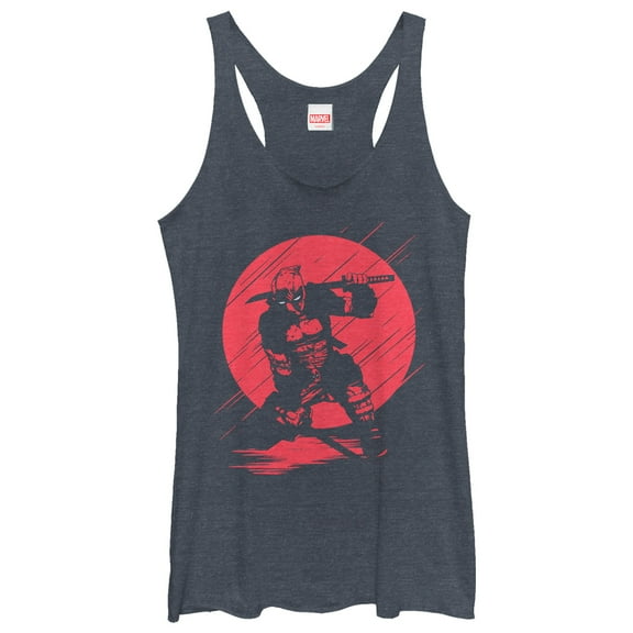 Women's Marvel Deadpool Sunset Streaks  Racerback Tank Top Navy Blue Heather 2X Large