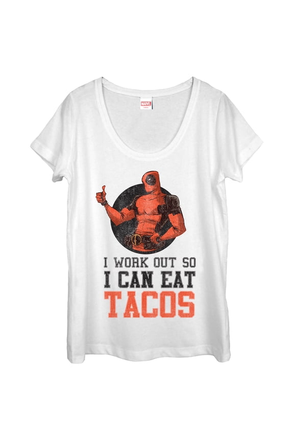 Women's Marvel Deadpool Work Out Eat Tacos Scoop Neck White Small