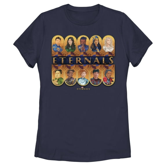 Women's Marvel Eternals Golden Portraits Graphic Tee Navy Blue 2X Large