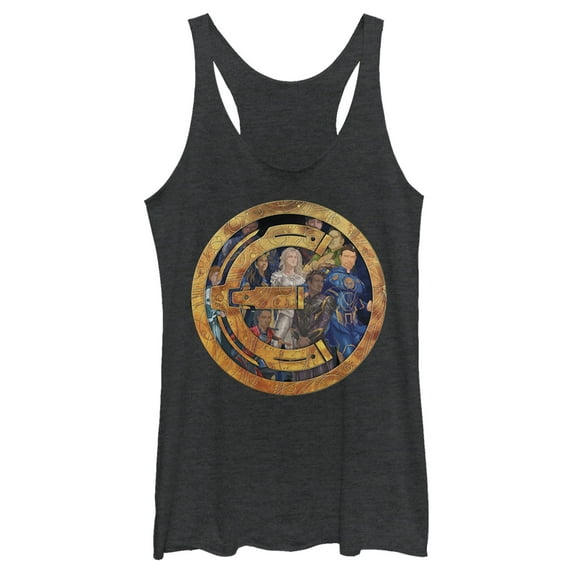 Women's Marvel Eternals Group Gold Badge Racerback Tank Top Black Heather Small