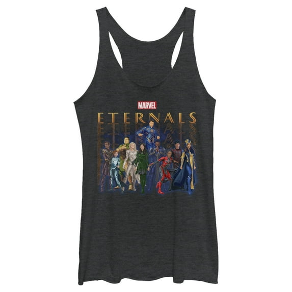 Women's Marvel Eternals Group Repeating Racerback Tank Top Black Heather 2X Large