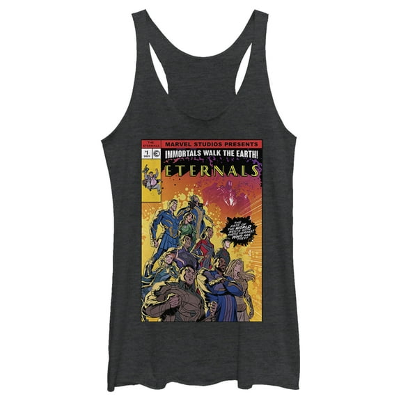 Women's Marvel Eternals Heroes Comic Book Cover  Racerback Tank Top Black Heather X Small