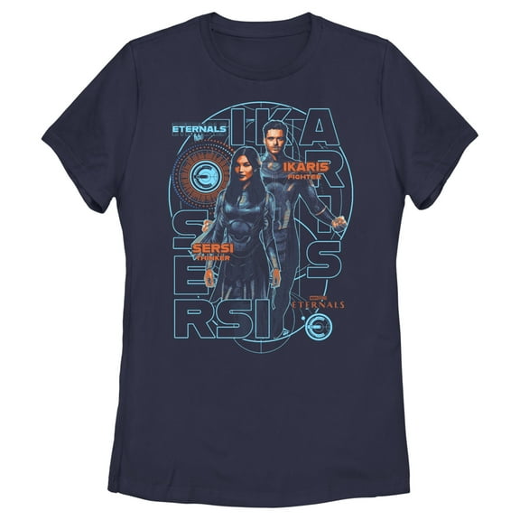 Women's Marvel Eternals Ikaris the Fighter and Sersi the Thinker  Graphic Tee Navy Blue Medium