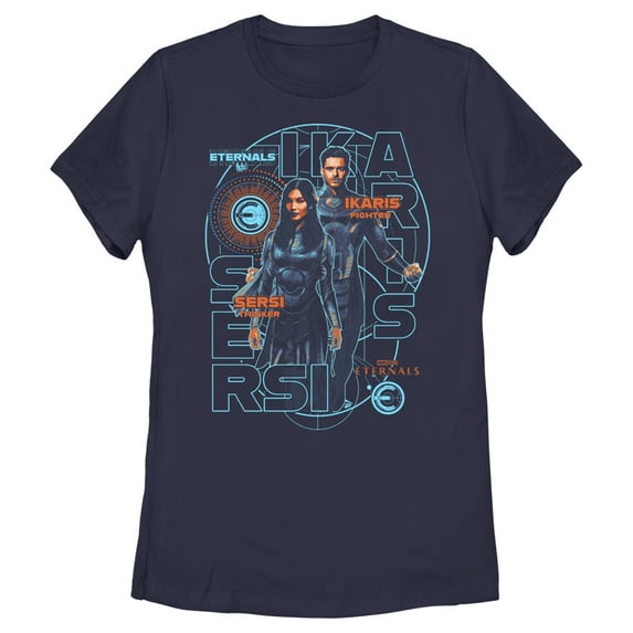 Women's Marvel Eternals Ikaris the Fighter and Sersi the Thinker Graphic Tee Navy Blue Small