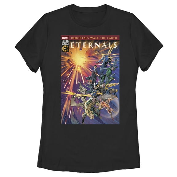 Women's Marvel Eternals Immortals Walk the Earth Comic Book Cover  Graphic Tee Black Large