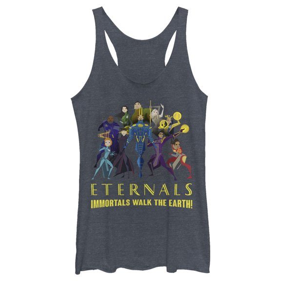 Women's Marvel Eternals Immortals Walk the Earth  Racerback Tank Top Navy Blue Heather X Large