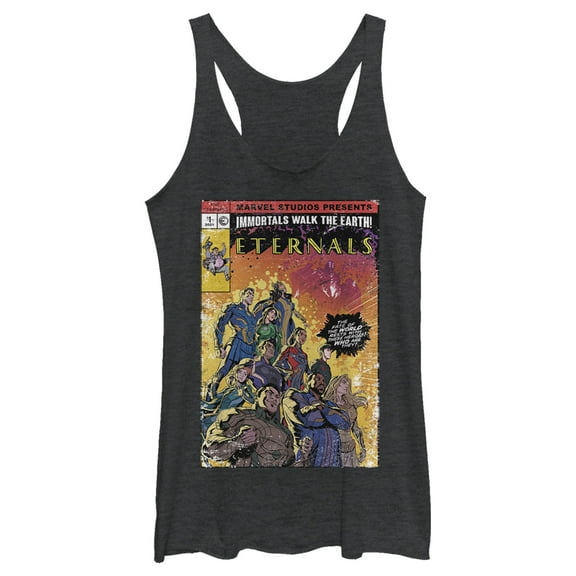 Women's Marvel Eternals Retro Group Comic Book Cover  Racerback Tank Top Black Heather Large