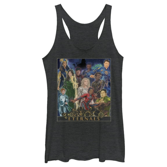 Women's Marvel Eternals Watercolor Poster Racerback Tank Top Black Heather 2X Large