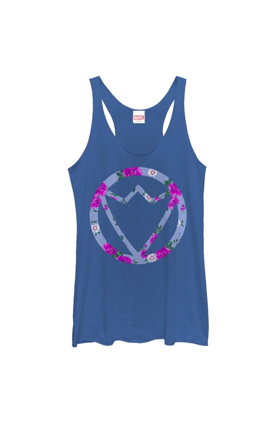Women's Marvel Falcon Floral Print Racerback Tank Top Royal Blue Heather Small