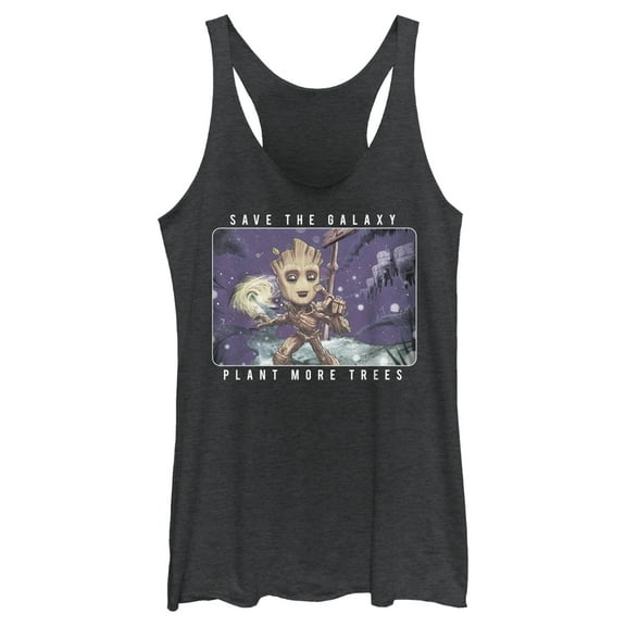 Women's Marvel Groot Save the Galaxy Plant More Trees  Racerback Tank Top Black Heather Medium