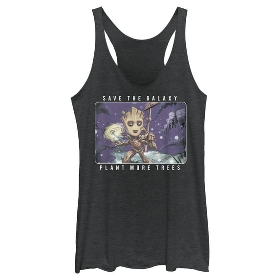 Women's Marvel Groot Save the Galaxy Plant More Trees Racerback Tank Top Black Heather Medium