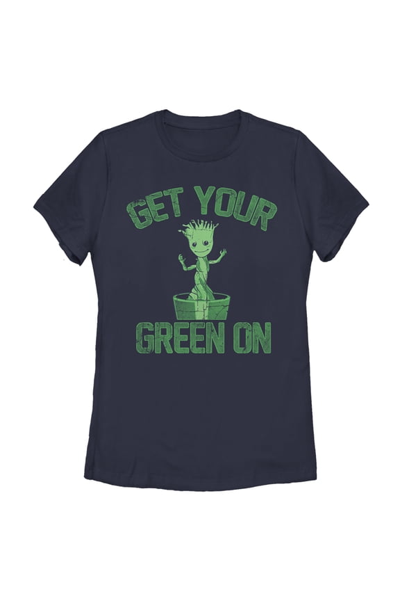 Women's Marvel Groot St. Patrick's Day Get Your Green On Graphic Tee Navy Blue Small