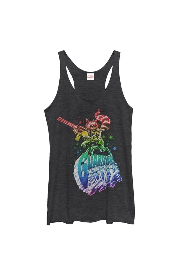 Women's Marvel Guardians of the Galaxy Rainbow Rocket Racerback Tank Top Black Heather Medium