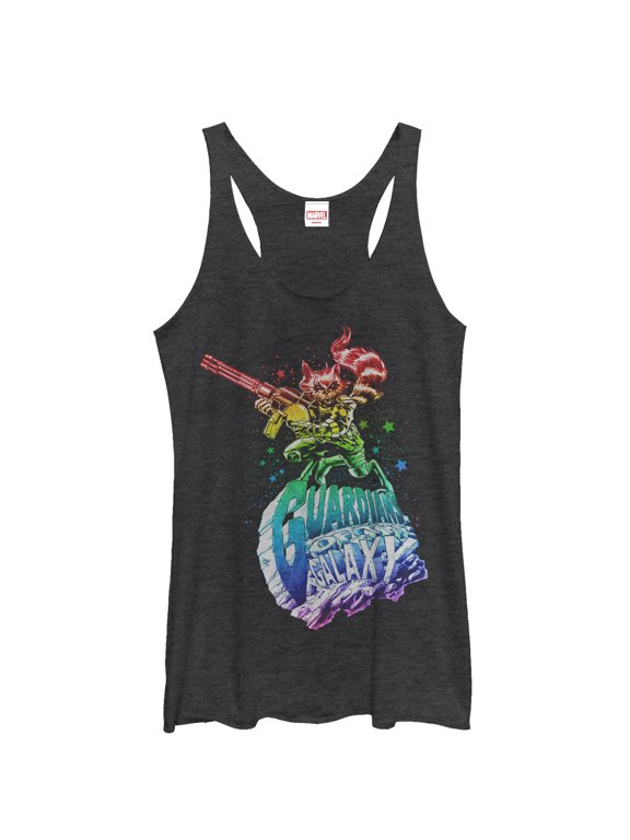 Women's Marvel Guardians of the Galaxy Rainbow Rocket Racerback Tank Top Black Heather X Large