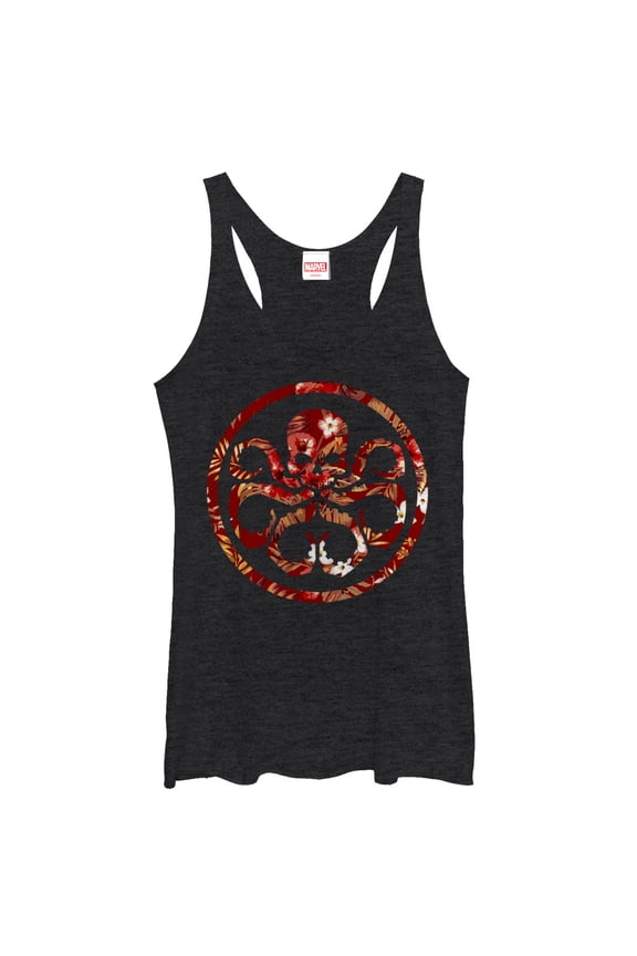 Women's Marvel Hail Hydra Floral Print Logo Racerback Tank Top Black Heather Small