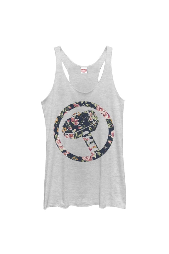 Women's Marvel Hammer Thor Floral Print Racerback Tank Top White Heather Small