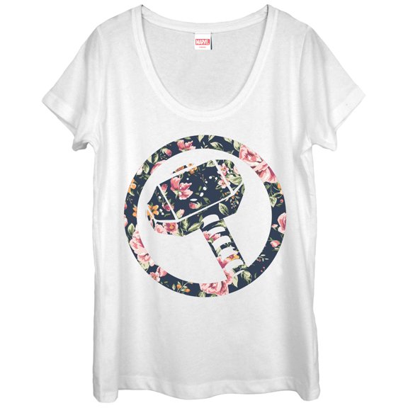 Women's Marvel Hammer Thor Floral Print  Scoop Neck White Medium