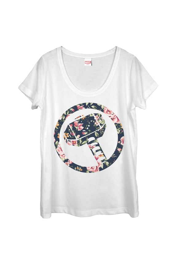 Women's Marvel Hammer Thor Floral Print Scoop Neck White Small