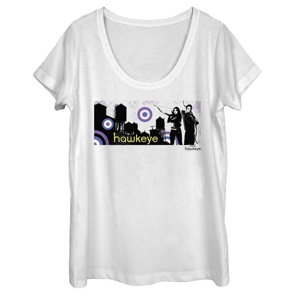 Women's Marvel Hawkeye Cityscape Scoop Neck White Medium