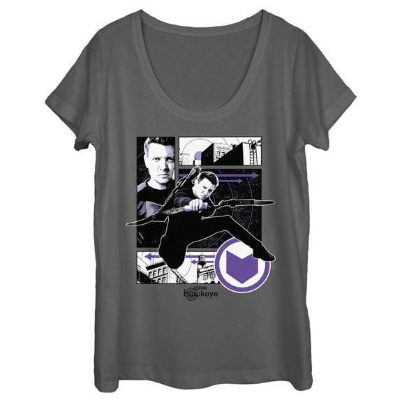 Women's Marvel Hawkeye Graphic Panel Icon  Scoop Neck Charcoal Large
