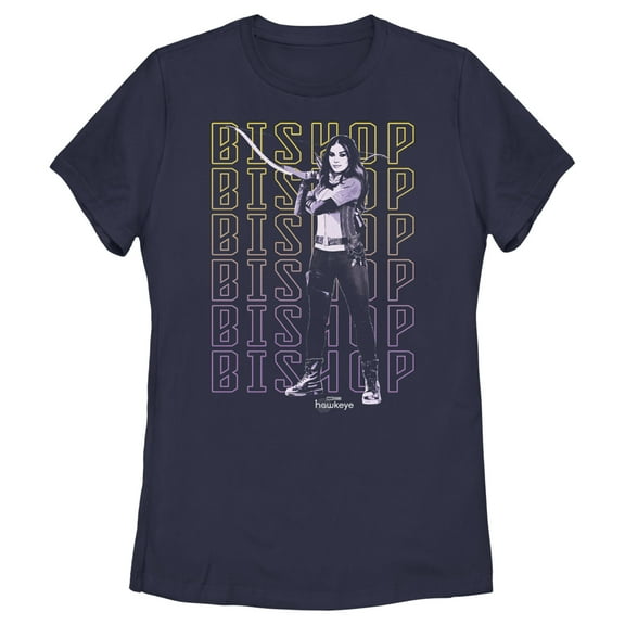 Women's Marvel Hawkeye Kate Bishop Name Stack Graphic Tee Navy Blue Small