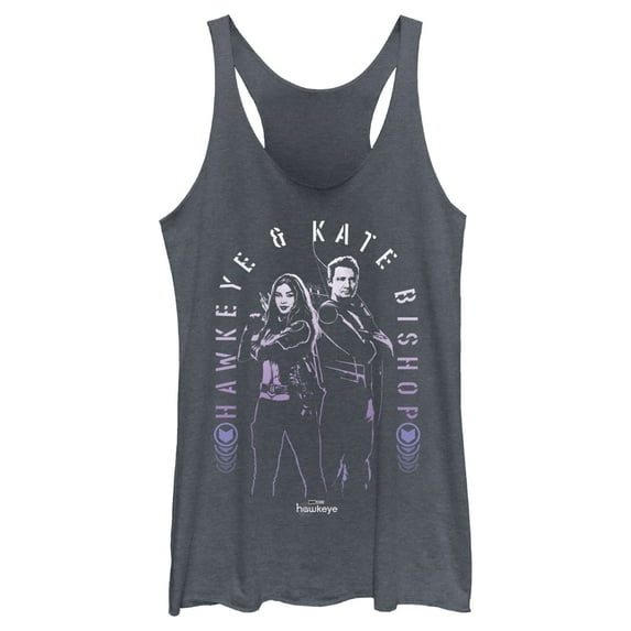Women's Marvel Hawkeye Kate Bishop and Hawkeye Racerback Tank Top Navy Blue Heather X Large