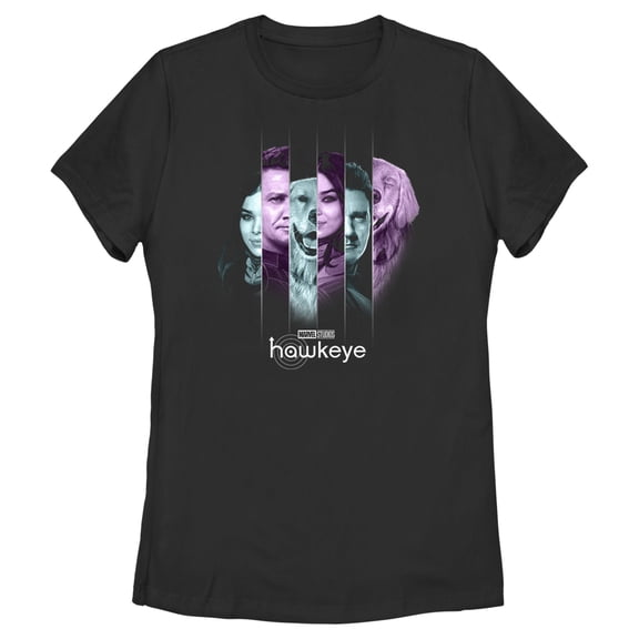 Women's Marvel Hawkeye Kate Bishop and Lucky the Pizza Dog Split Panels  Graphic Tee Black Large