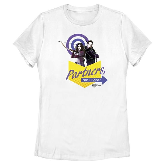 Women's Marvel Hawkeye Partners, Am I Right? Graphic Tee White Medium