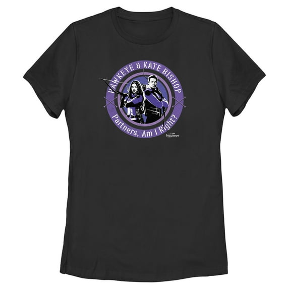 Women's Marvel Hawkeye Partners, Am I Right? Stamp Graphic Tee Black Large