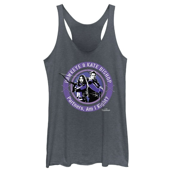 Women's Marvel Hawkeye Partners, Am I Right? Stamp  Racerback Tank Top Navy Blue Heather Small