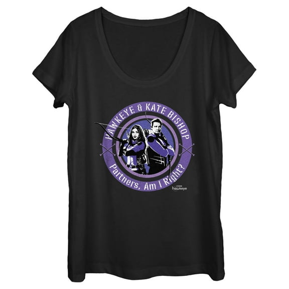 Women's Marvel Hawkeye Partners, Am I Right? Stamp  Scoop Neck Black Large