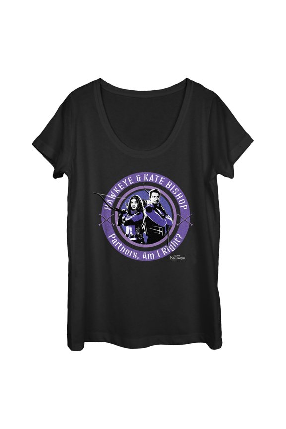 Women's Marvel Hawkeye Partners, Am I Right? Stamp  Scoop Neck Black Large