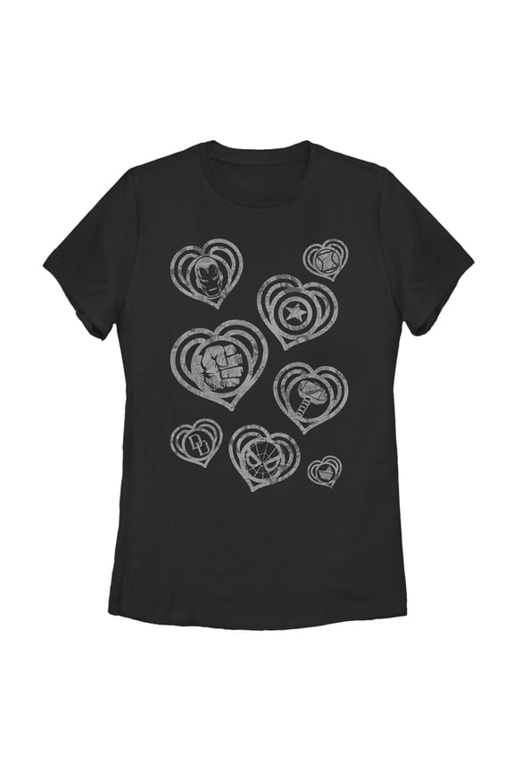 Women's Marvel Hero Icon Hearts Graphic Tee Black Medium
