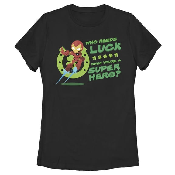 Women's Marvel Iron Man St. Patrick's Day Who Needs Luck Superhero  Graphic Tee Black Large