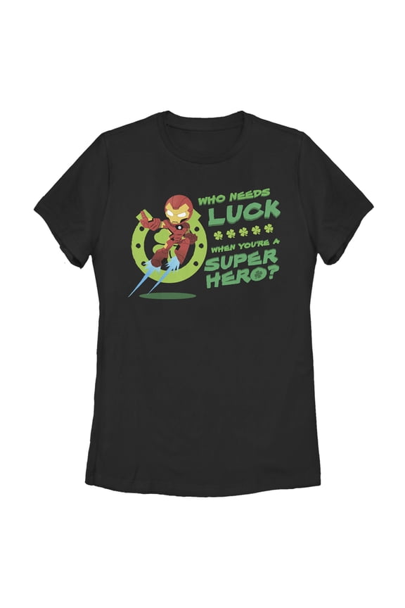 Women's Marvel Iron Man St. Patrick's Day Who Needs Luck Superhero Graphic Tee Black Medium