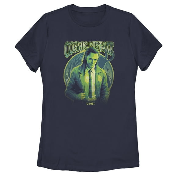 Women's Marvel Loki Cosmic Mistake  Graphic Tee Navy Blue Large