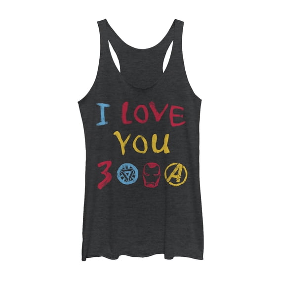 Women's Marvel Love You 3000 Crayon Print Racerback Tank Top Black Heather Large