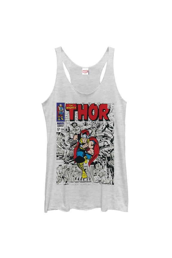 Women's Marvel Mighty Thor Comic Book Cover Print Racerback Tank Top White Heather Medium