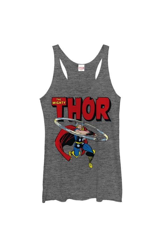 Women's Marvel Mighty Thor Hammer Swing Racerback Tank Top Gray Heather Medium