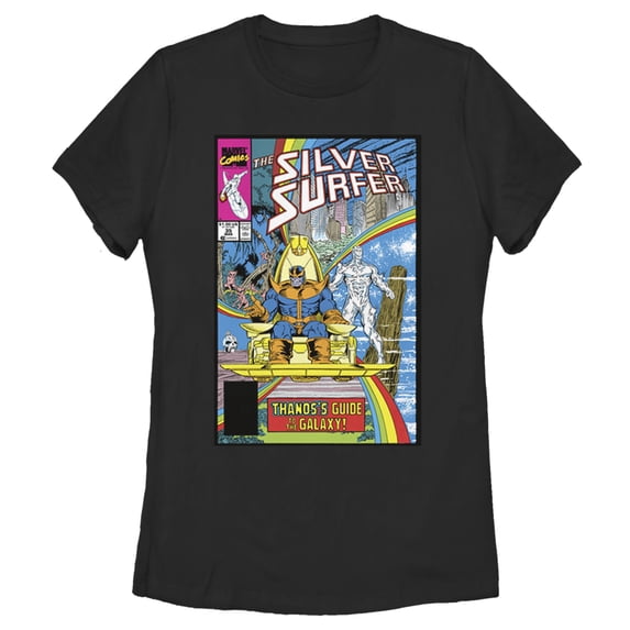 Women's Marvel Silver Surfer Rainbow Thanos's Guide Comic Cover Graphic Tee Black X Large